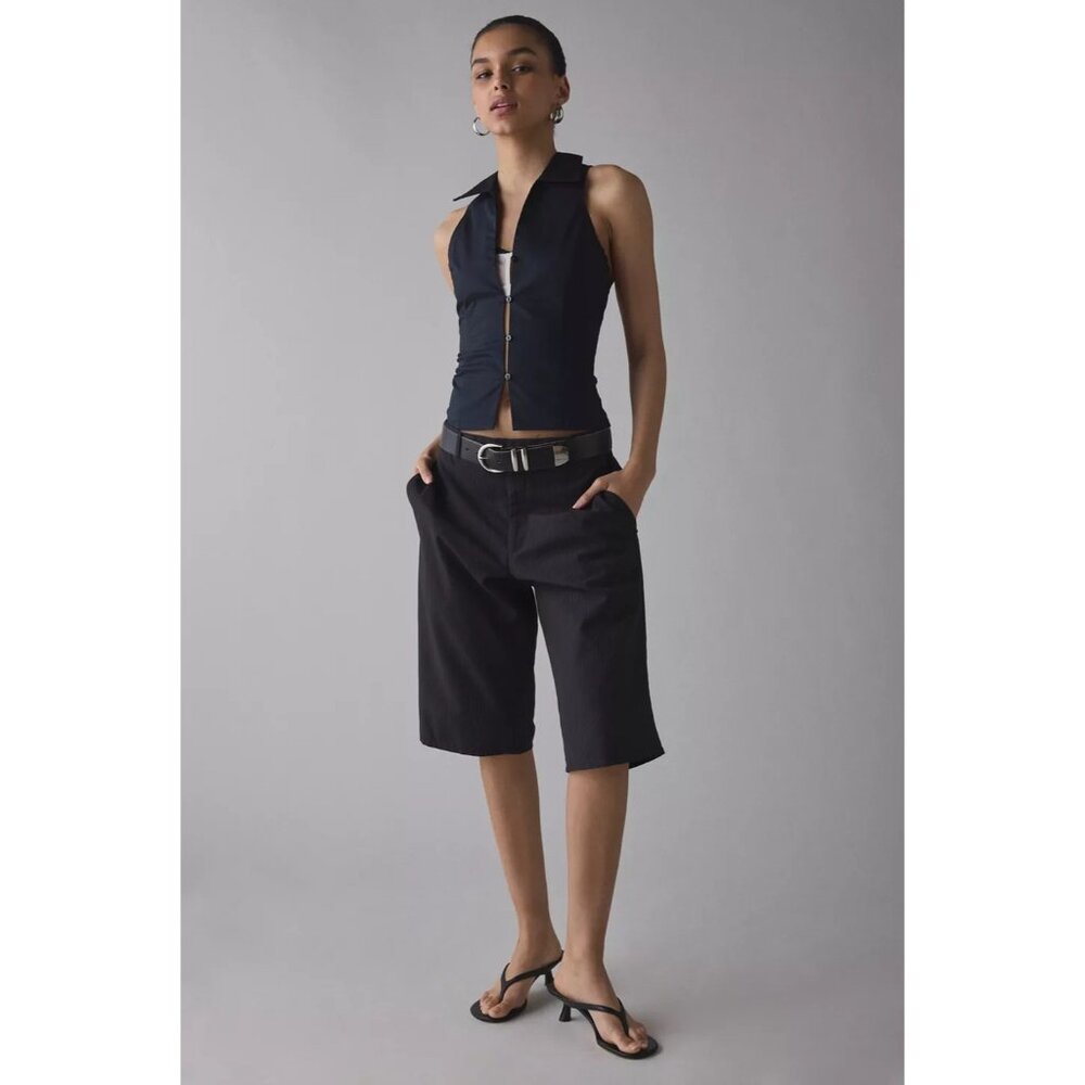 UO Party Girl Cotton-Blend Button Down Sleeveless Shirt Women's Small Jet Black - Picture 15 of 16